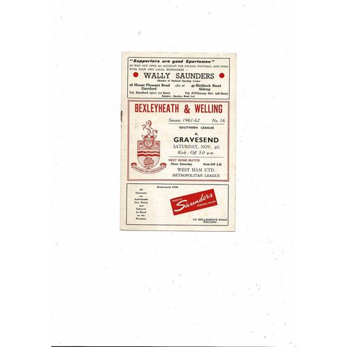 1961/62 Bexleyheath & Welling v Gravesend Southern League Football Programme