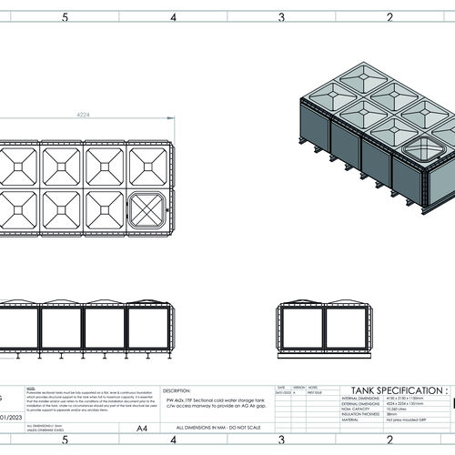PW.4X2X1.TIF.AG - 10260 LITRE SECTIONAL WATER TANK, TOTALLY INTERNALLY FLANGED (TIF)