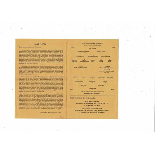 Oxford United v Brentford Football Combination Programme 1964/65