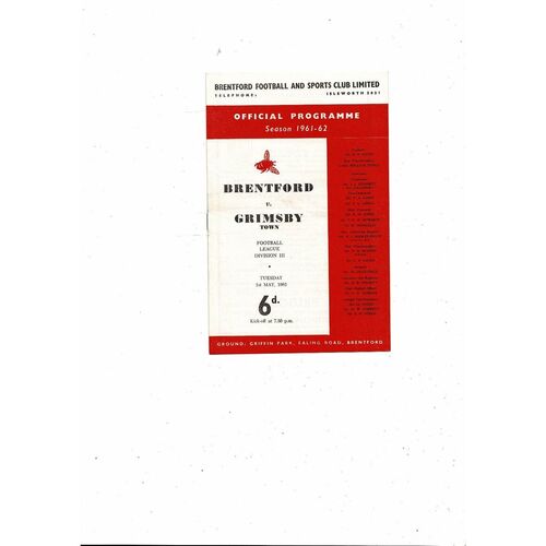 1961/62 Brentford v Grimsby Town Football Programme