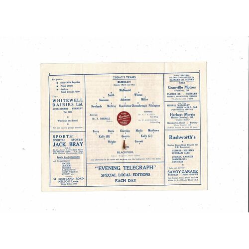 1957/58 Burnley v Blackpool Football Programme