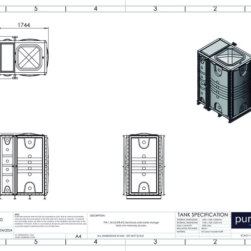 PW.1.5X1X2.IFB.AG - 3000 LITRE SECTIONAL WATER TANK, INTERNALLY FLANGED BASE (IFB)