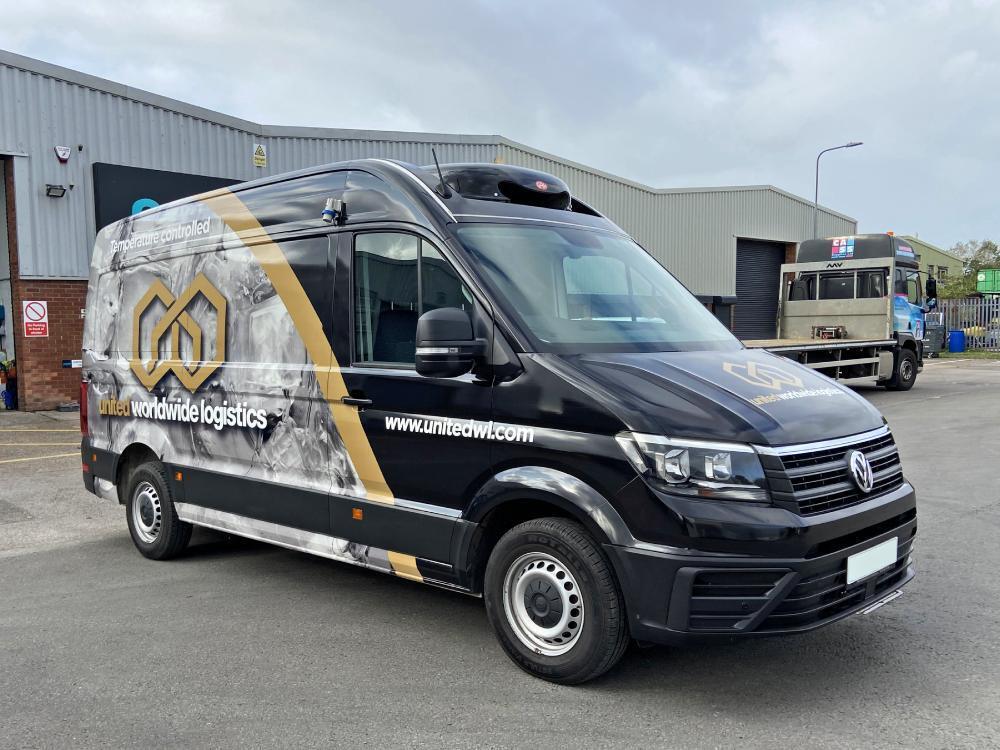United Worldwide Logistics van wrap on Volkswagen Crafter outside Popin in Cardiff.
