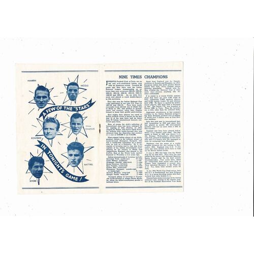 Sheffield Wednesday v Juventus Friendly Football Programme 1957/58