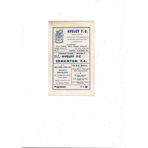1963/64 Aveley v Edmonton Athenian League Football Programme