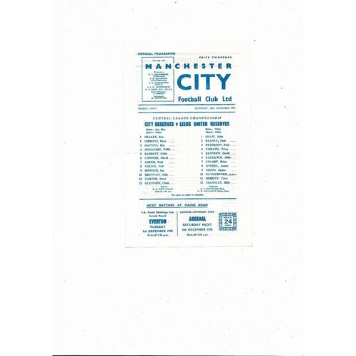 Manchester City v Leeds United Central League Football Programme 1970/71