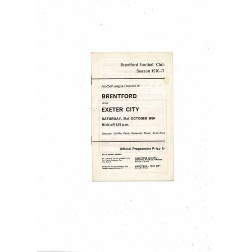 1970/71 Brentford v Exeter City Football Programme