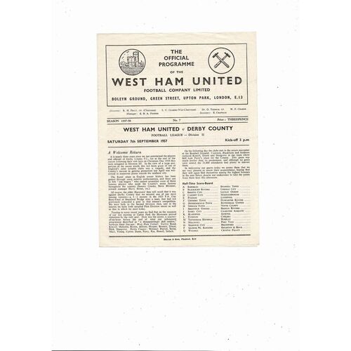 1957/58 West Ham United v Derby County Football Programme