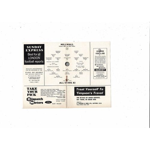 Millwall v All Star X1 Friendly Football Programme 1966/67