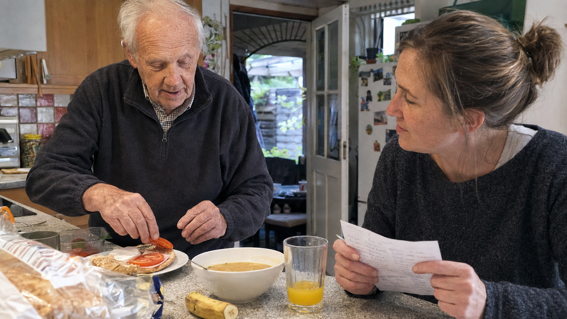 Older man preparing a simple lunch in his kitchen while his daughter sits nearby with a shopping list.