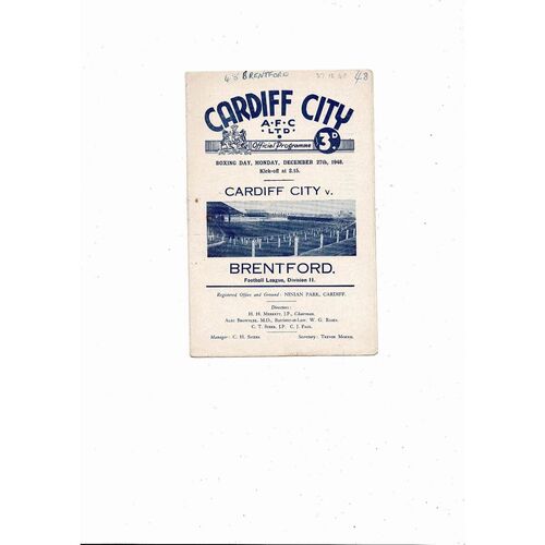 1948/49 Cardiff City v Brentford Football Programme