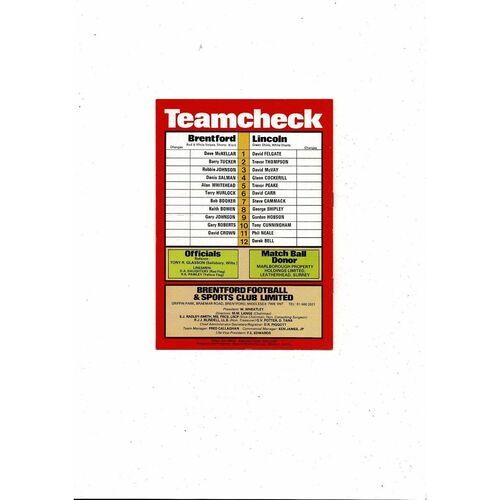 1981/82 Brentford v Lincoln Football Programme