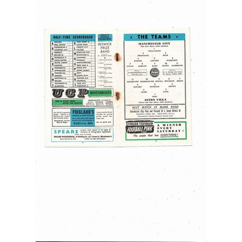 1957/58 Manchester City v Aston Villa Football Programme