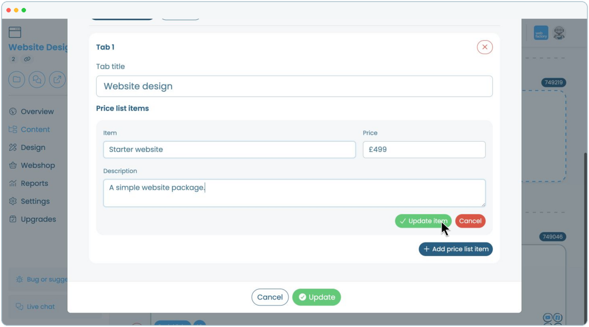 How to add a tabbed price list to a website page | Webfactory Support | Webfactory