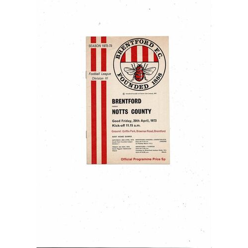 1972/73 Brentford v Notts County Football Programme