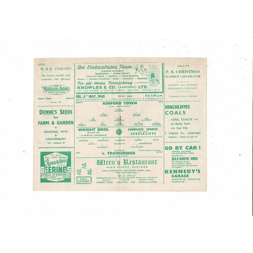 1959/60 Ashford Town v Trowbridge Southern League Football Programme