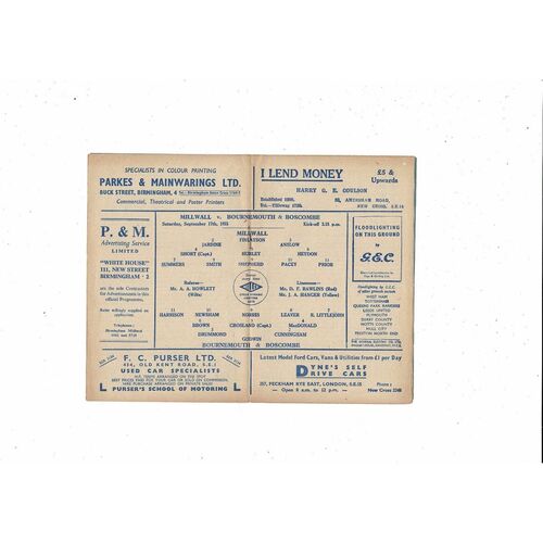 1955/56 Millwall v Bournemouth Football Programme