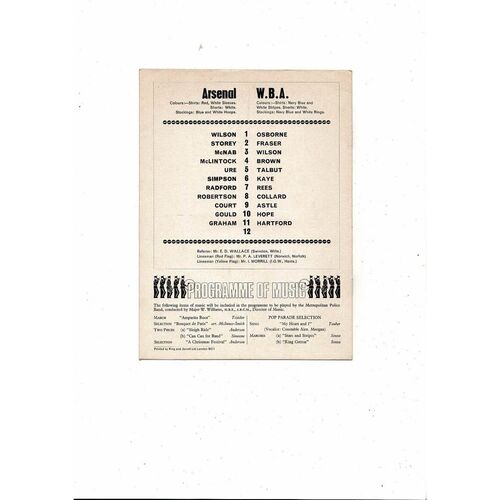 1968/69 Arsenal v West Bromwich Albion Football Programme