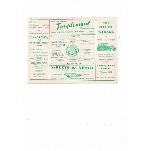 1954/55 Yeovil Town v Weymouth Southern League Football Programme
