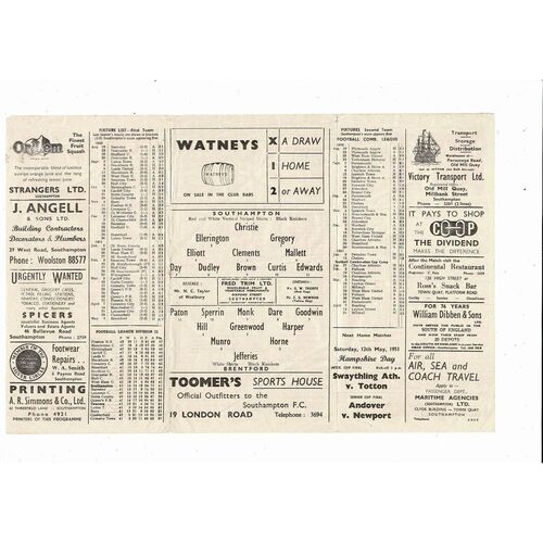 1950/51 Southampton v Brentford Football Programme