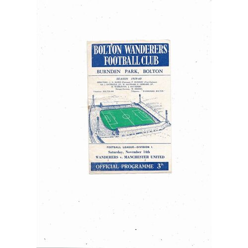 1959/60 Bolton Wanderers v Manchester United Football Programme + Press Cutting