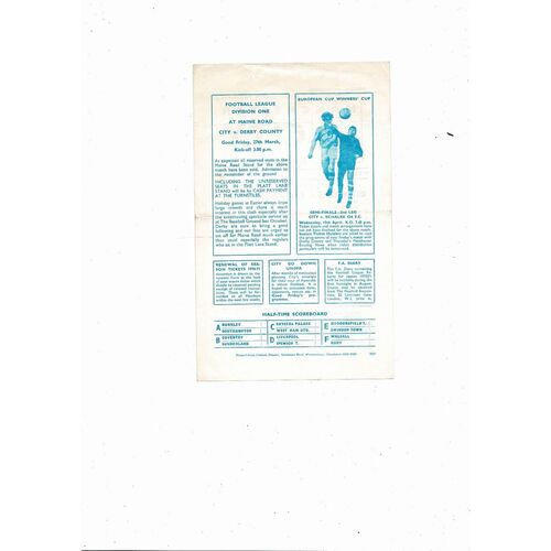 Manchester City v Manchester United Central League Football Programme 1969/70