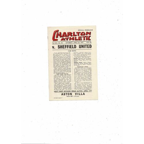 1953/54 Charlton Athletic v Sheffield United Football Programme