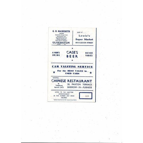 1961/62 Barrow v Wrexham Football Programme