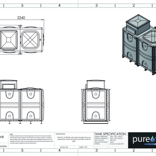 PW.2X1X1.5.IFB.AB - 3000 LITRE SECTIONAL WATER TANK, INTERNALLY FLANGED BASE (IFB) C/W FVH