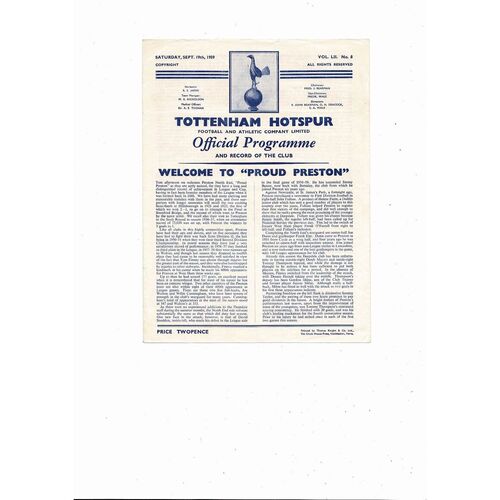 1959/60 Tottenham Hotspur v Preston Football Programme