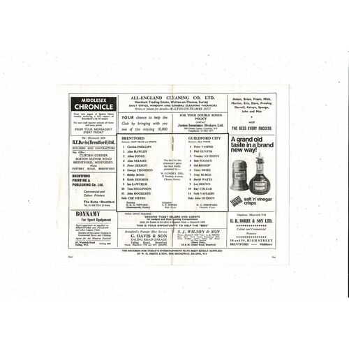 Brentford v Guildford City FA Cup Football Programme 1967/68 14th December - Rearranged fixture