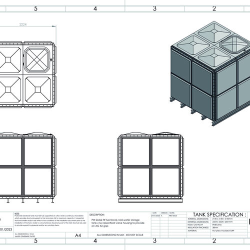 PW.2X2X2.TIF.AG - 9938 LITRE SECTIONAL WATER TANK, TOTALLY INTERNALLY FLANGED (TIF)