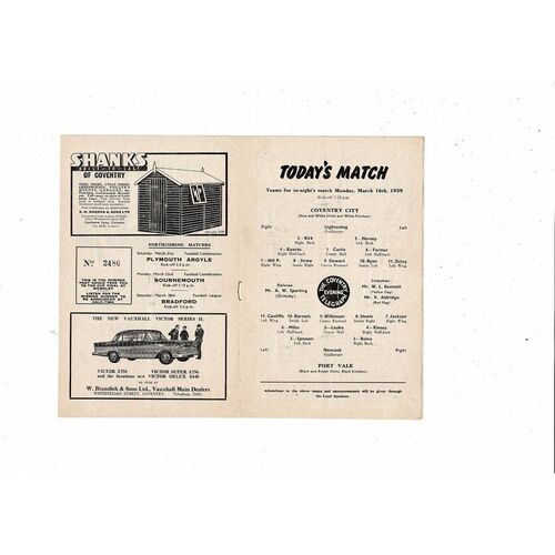 1958/59 Coventry City v Port Vale Football Programme