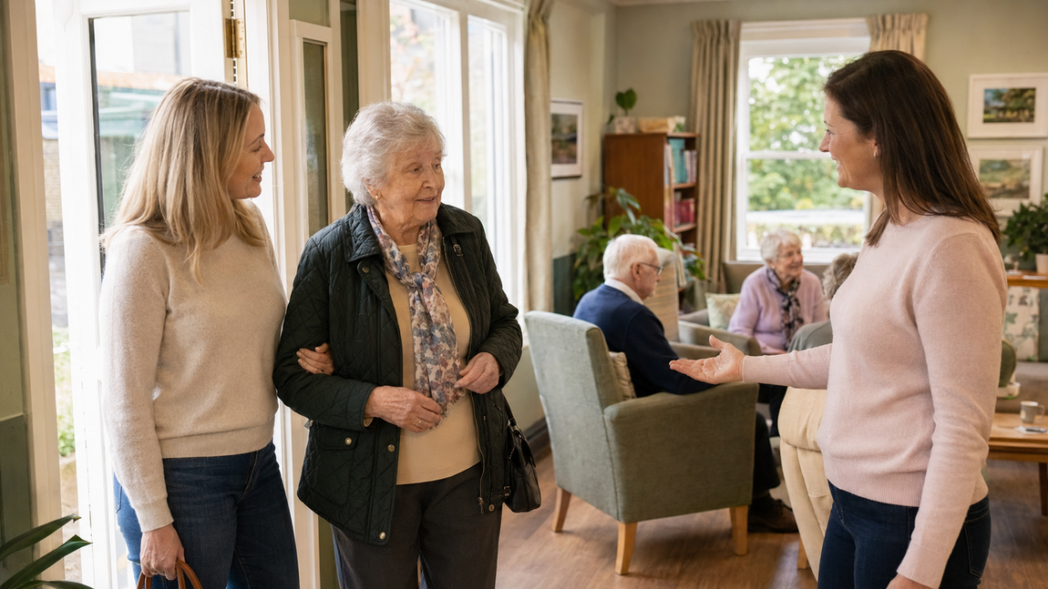 A guest arriving for her first visit to Your Care Dementia Day Club with her daughter and receiving a warm welcome from the team.