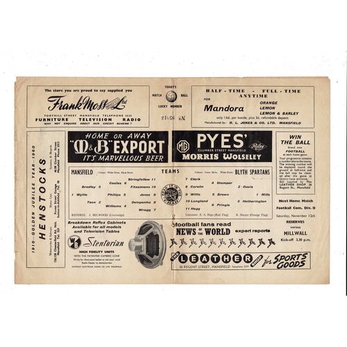 Mansfield Town v Blyth Spartans FA Cup Football Programme 1960/61