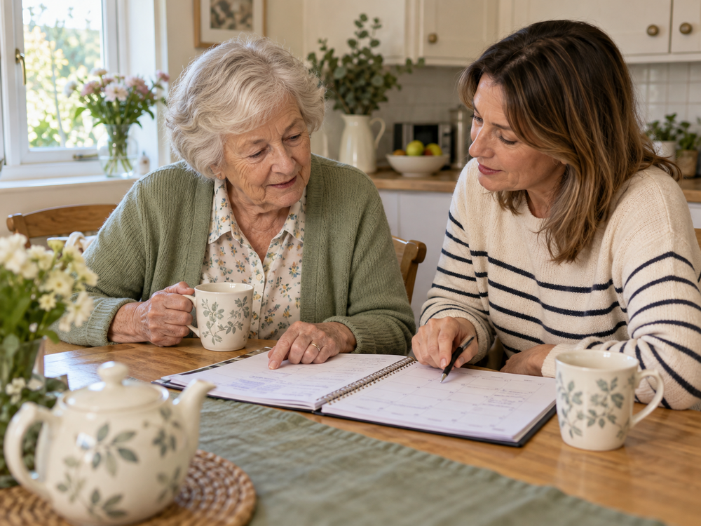 Older mother and adult daughter looking through a weekly planner together at the kitchen table.