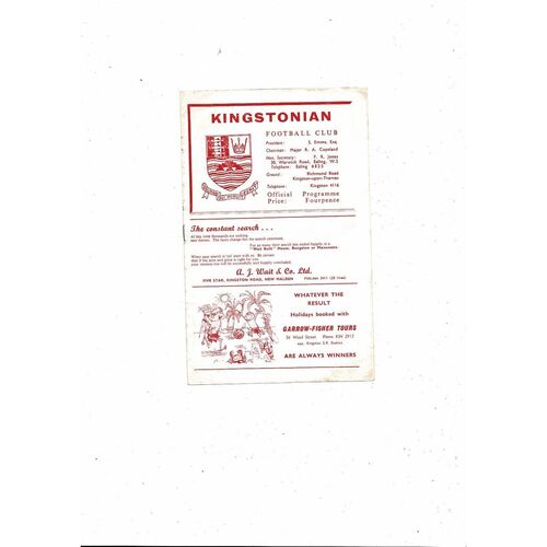 1964/65 Kingstonian v Bromley FA Amateur Cup 3rd Replay Football Programme