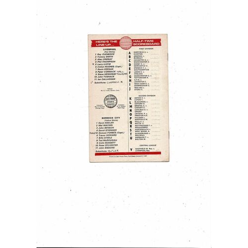 1973/74 Liverpool v Norwich City Football Programme