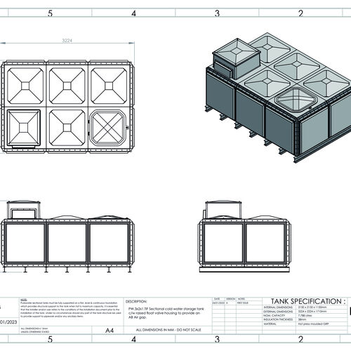 PW.3X2X1.TIF.AB - 7788 LITRE SECTIONAL WATER TANK, TOTALLY INTERNALLY FLANGED (TIF) C/W FVH