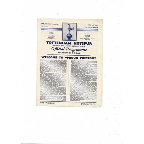 1958/59 Tottenham Hotspur v Blackpool Football Programme