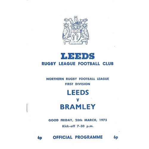 1974/75 Leeds v Bramley (28/03/1975) Rugby League Programme