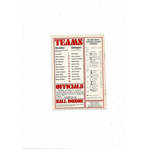 1977/78 Brentford v Darlington Football Programme