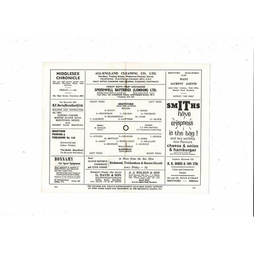 1964/65 Brentford v Barnsley Football Programme