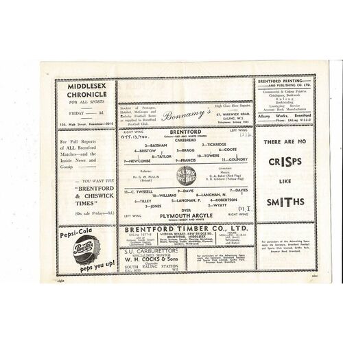 1956/57 Brentford v Plymouth Argyle Football Programme