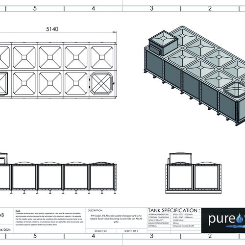 PW.5X2X1.IFB.AB - 10000 LITRE SECTIONAL WATER TANK, INTERNALLY FLANGED BASE (IFB) C/W FVH