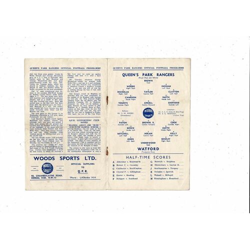 1953/54 Queens Park Rangers v Watford Football Programme