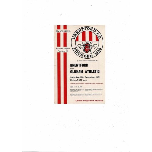 1972/73 Brentford v Oldham Athletic Football Programme