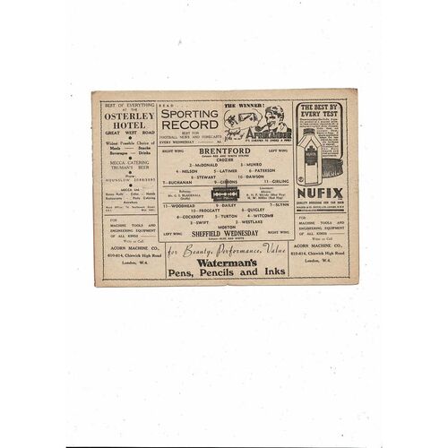 1947/48 Brentford v Sheffield Wednesday Football Programme