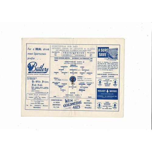 1952/53 Shrewsbury Town v Swindon Town Football Programme