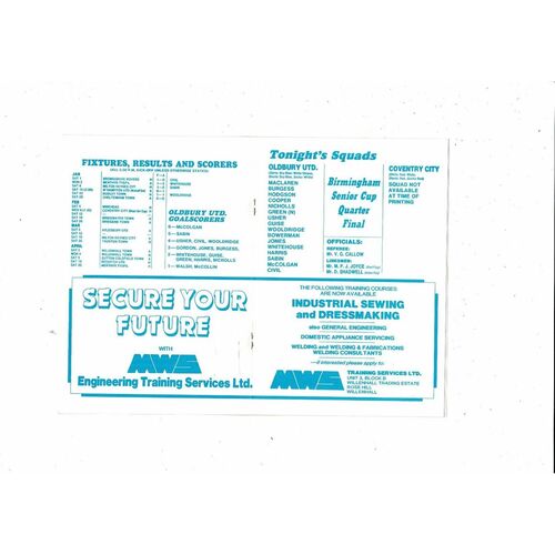 1983 Oldbury United v Coventry City Birmingham Senior Cup Football Programme